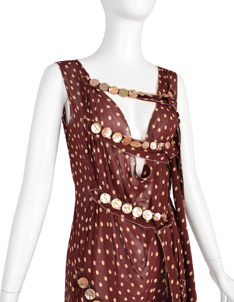 Jean Paul Gaultier Vintage SS 2004 Brown Polka Dot Chiffon Button Dress