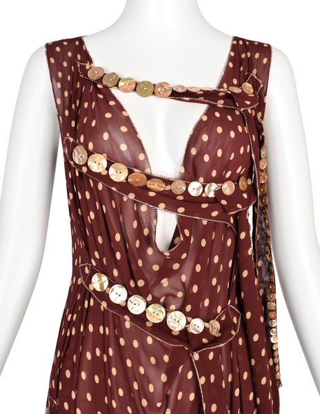 Jean Paul Gaultier Vintage SS 2004 Brown Polka Dot Chiffon Button Dress
