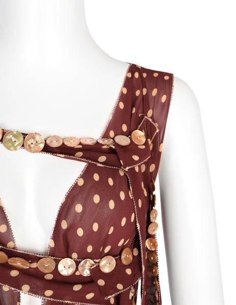 Jean Paul Gaultier Vintage SS 2004 Brown Polka Dot Chiffon Button Dress