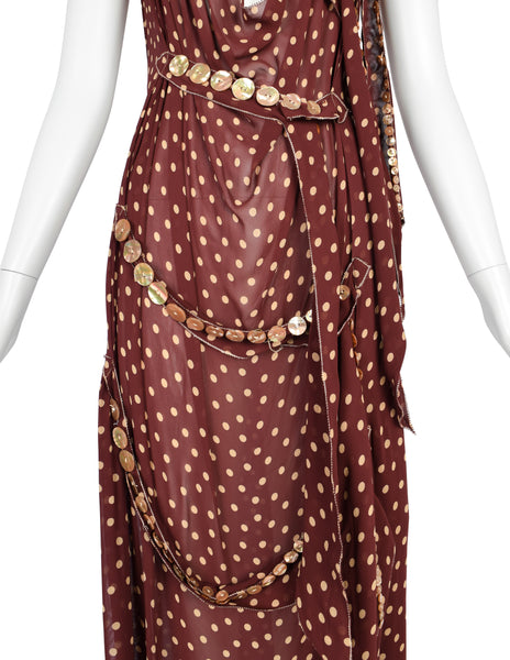 Jean Paul Gaultier Vintage SS 2004 Brown Polka Dot Chiffon Button Dress