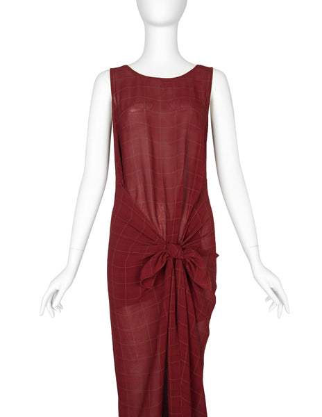 Jean Paul Gaultier Vintage SS 1994 'Les Tatouages' Collection Sheer Burgundy Plaid Knotted Wrap Dress