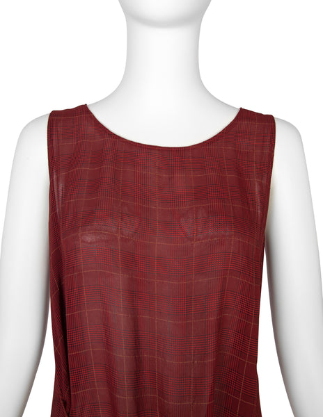 Jean Paul Gaultier Vintage SS 1994 'Les Tatouages' Collection Sheer Burgundy Plaid Knotted Wrap Dress