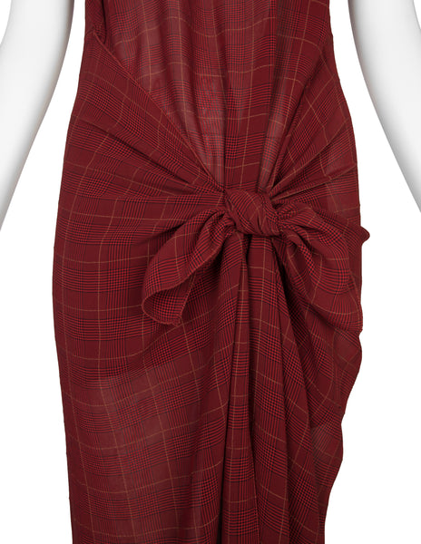 Jean Paul Gaultier Vintage SS 1994 'Les Tatouages' Collection Sheer Burgundy Plaid Knotted Wrap Dress