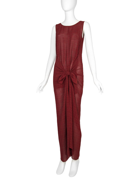 Jean Paul Gaultier Vintage SS 1994 'Les Tatouages' Collection Sheer Burgundy Plaid Knotted Wrap Dress