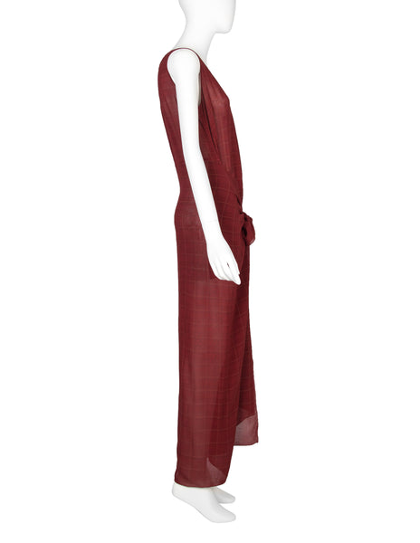 Jean Paul Gaultier Vintage SS 1994 'Les Tatouages' Collection Sheer Burgundy Plaid Knotted Wrap Dress