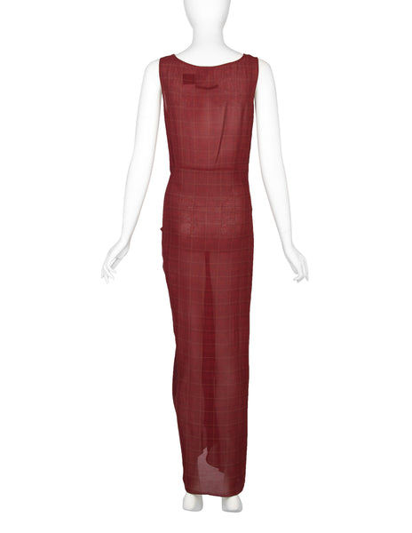 Jean Paul Gaultier Vintage SS 1994 'Les Tatouages' Collection Sheer Burgundy Plaid Knotted Wrap Dress