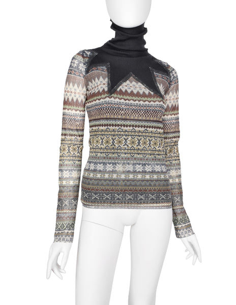 Jean Paul Gaultier Vintage AW 2008 Grey and Green Fair Isle Print Mesh Top