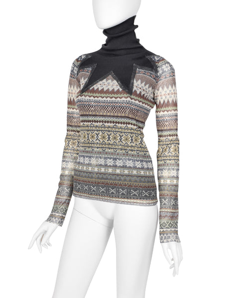Jean Paul Gaultier Vintage AW 2008 Grey and Green Fair Isle Print Mesh Top