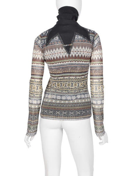 Jean Paul Gaultier Vintage AW 2008 Grey and Green Fair Isle Print Mesh Top