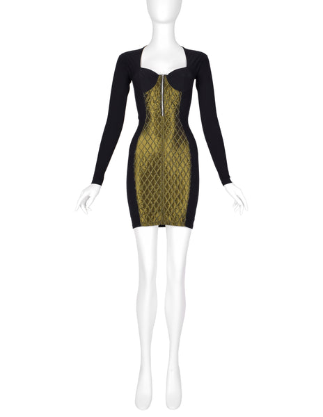 Jean Paul Gaultier Vintage AW 1991 Black and Green Quilted Stretch Bustier Bodycon Mini Dress