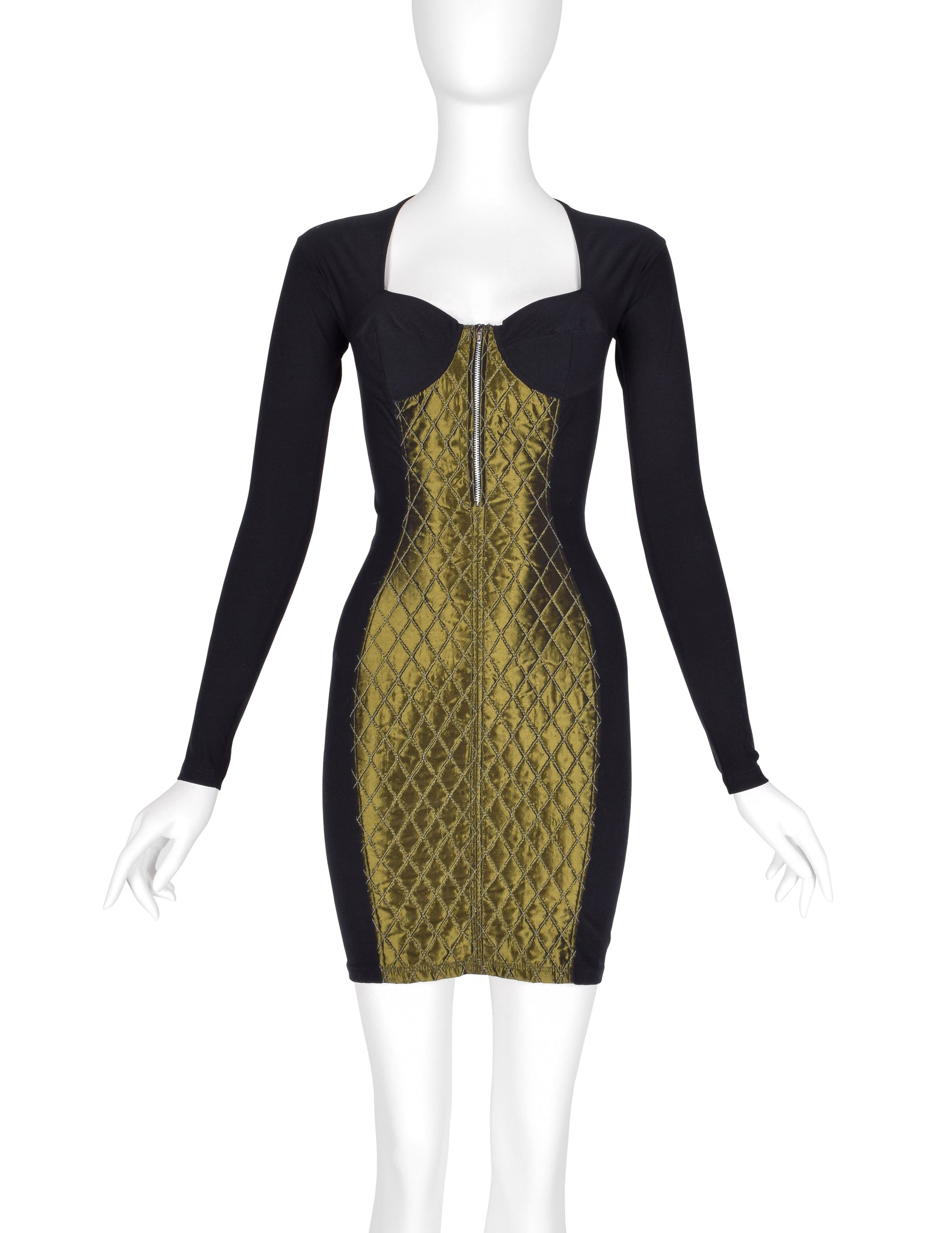 Jean Paul Gaultier Vintage AW 1991 Black and Green Quilted Stretch Bustier Bodycon Mini Dress