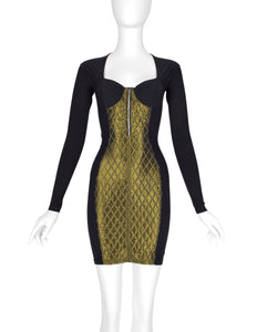 Jean Paul Gaultier Vintage AW 1991 Black and Green Quilted Stretch Bustier Bodycon Mini Dress