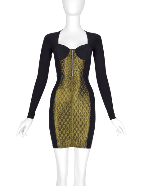 Jean Paul Gaultier Vintage AW 1991 Black and Green Quilted Stretch Bustier Bodycon Mini Dress