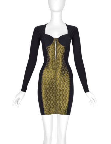 Jean Paul Gaultier Vintage AW 1991 Black and Green Quilted Stretch Bustier Bodycon Mini Dress