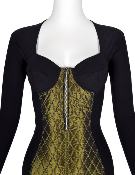 Jean Paul Gaultier Vintage AW 1991 Black and Green Quilted Stretch Bustier Bodycon Mini Dress