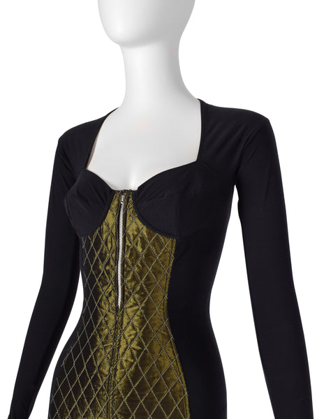 Jean Paul Gaultier Vintage AW 1991 Black and Green Quilted Stretch Bustier Bodycon Mini Dress