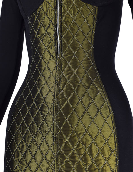 Jean Paul Gaultier Vintage AW 1991 Black and Green Quilted Stretch Bustier Bodycon Mini Dress