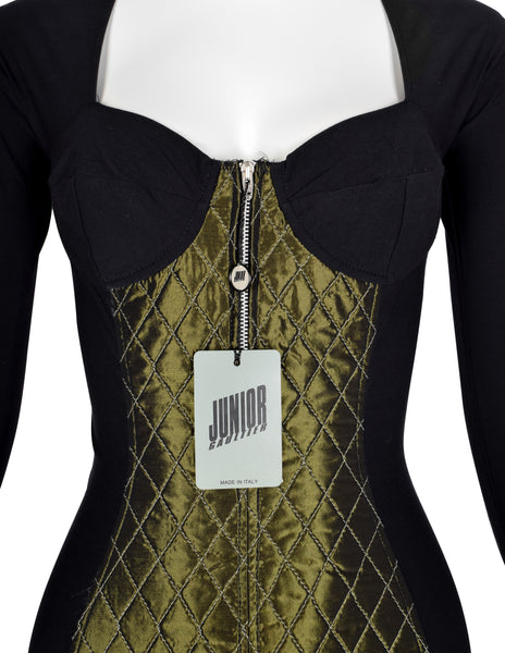 Jean Paul Gaultier Vintage AW 1991 Black and Green Quilted Stretch Bustier Bodycon Mini Dress