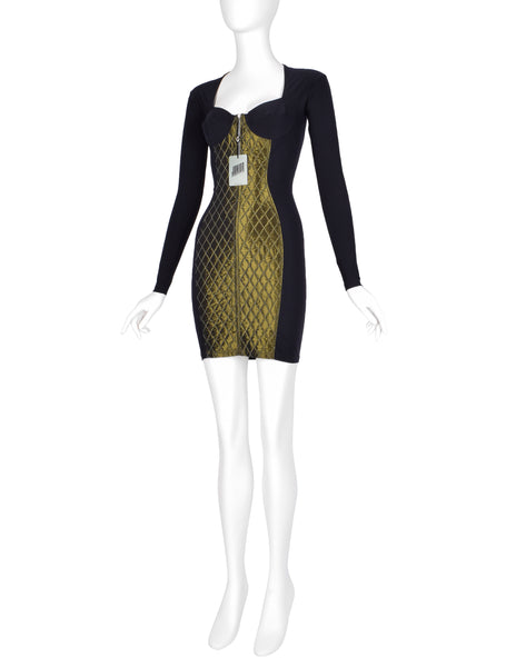 Jean Paul Gaultier Vintage AW 1991 Black and Green Quilted Stretch Bustier Bodycon Mini Dress
