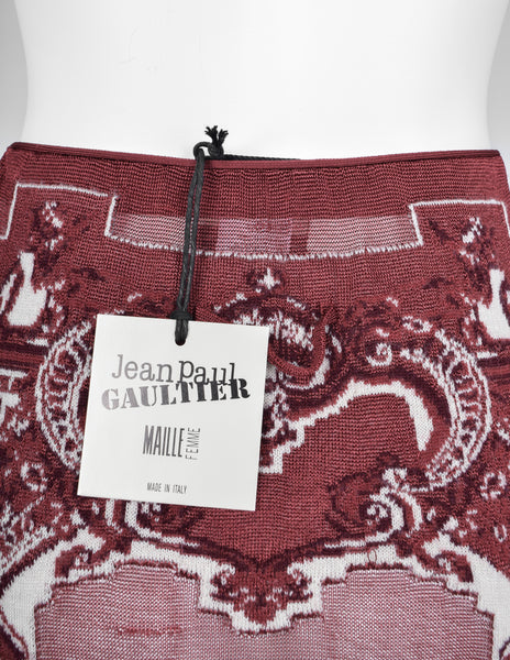 Jean Paul Gaultier Vintage AW 2007 Burgundy French Cherub Scenic Intarsia Knit & Sheer Mesh Skirt