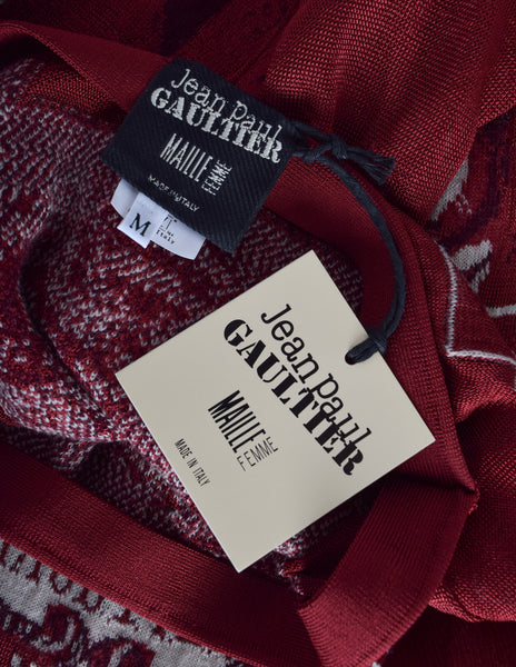 Jean Paul Gaultier Vintage AW 2007 Burgundy French Cherub Scenic Intarsia Knit & Sheer Mesh Skirt