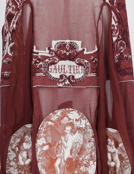 Jean Paul Gaultier Vintage AW 2007 Burgundy French Cherub Scenic Intarsia Knit & Sheer Mesh Skirt