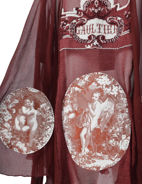 Jean Paul Gaultier Vintage AW 2007 Burgundy French Cherub Scenic Intarsia Knit & Sheer Mesh Skirt