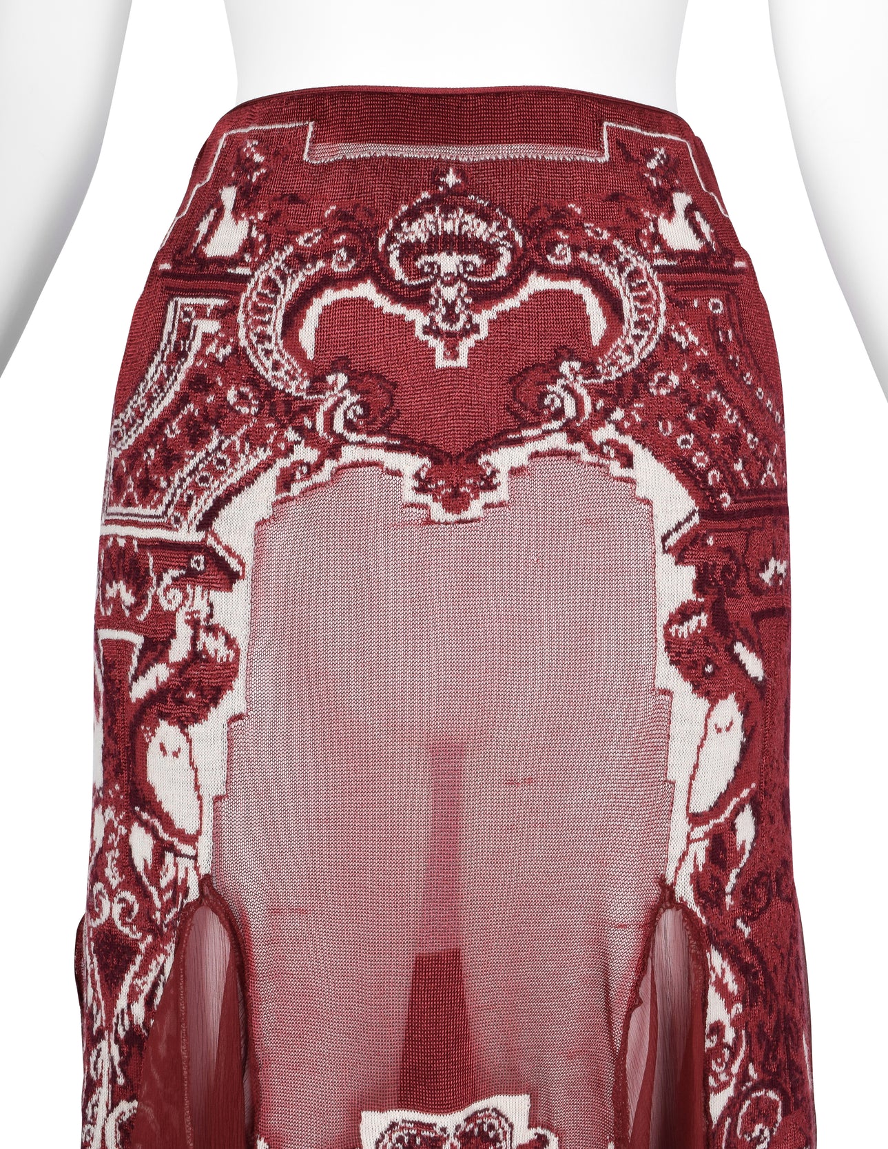 Jean Paul Gaultier Vintage AW 2007 Burgundy French Cherub Scenic Intarsia Knit & Sheer Mesh Skirt