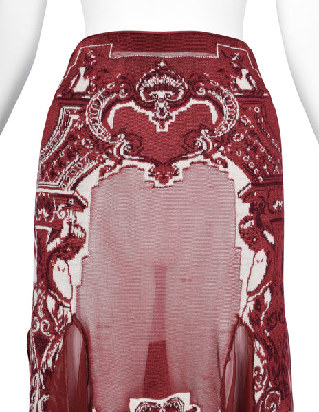 Jean Paul Gaultier Vintage AW 2007 Burgundy French Cherub Scenic Intarsia Knit & Sheer Mesh Skirt