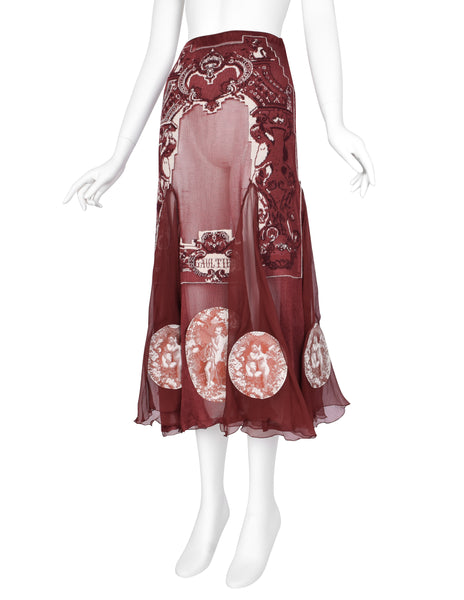 Jean Paul Gaultier Vintage AW 2007 Burgundy French Cherub Scenic Intarsia Knit & Sheer Mesh Skirt