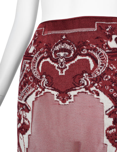 Jean Paul Gaultier Vintage AW 2007 Burgundy French Cherub Scenic Intarsia Knit & Sheer Mesh Skirt
