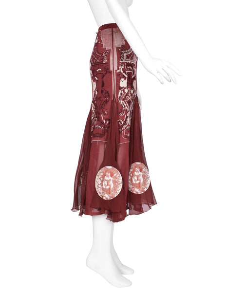 Jean Paul Gaultier Vintage AW 2007 Burgundy French Cherub Scenic Intarsia Knit & Sheer Mesh Skirt