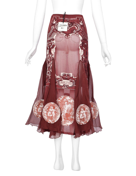 Jean Paul Gaultier Vintage AW 2007 Burgundy French Cherub Scenic Intarsia Knit & Sheer Mesh Skirt