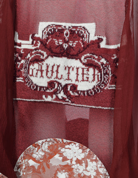 Jean Paul Gaultier Vintage AW 2007 Burgundy French Cherub Scenic Intarsia Knit & Sheer Mesh Skirt