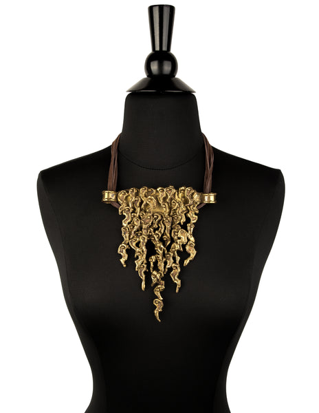 Pal Kepenyes Vintage Mid-Century Brutalist Sculptural Articulated Brass and Leather Statement Necklace