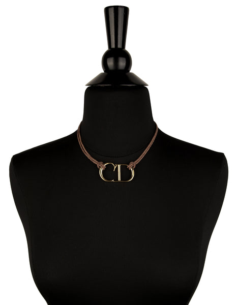 Christian Dior Vintage AW 2000 by John Galliano Golden CD Logo Brown Leather Necklace