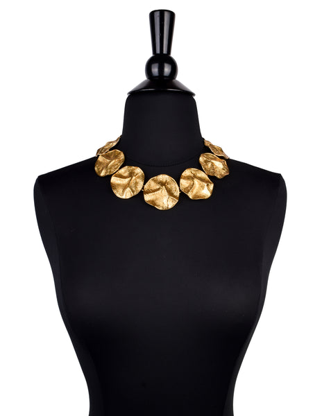 Yves Saint Laurent Vintage Phenomenal Golden Crinkled Disc Statement Necklace