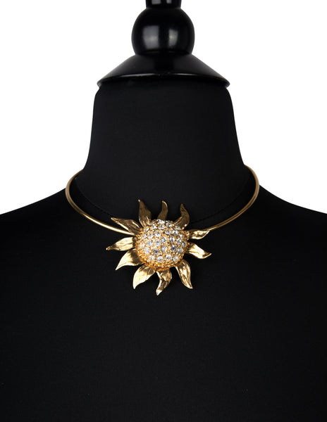 Yves Saint Laurent Vintage Rhinestone Golden Sunflower Pendant Choker