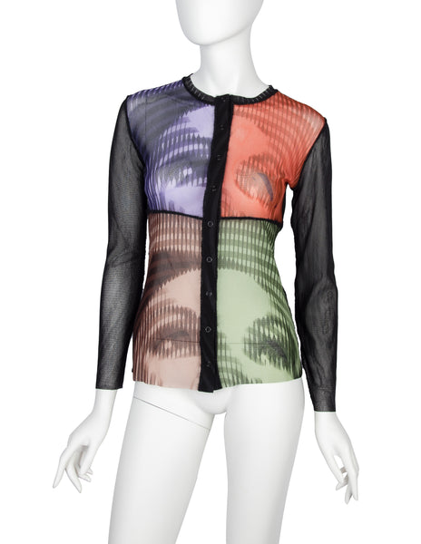 Jean Paul Gaultier Vintage AW 2001 Greta Garbo Quad Face Print Sheer Mesh Snap Cardigan Top
