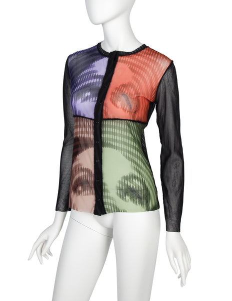 Jean Paul Gaultier Vintage AW 2001 Greta Garbo Quad Face Print Sheer Mesh Snap Cardigan Top