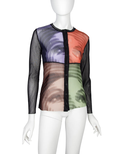Jean Paul Gaultier Vintage AW 2001 Greta Garbo Quad Face Print Sheer Mesh Snap Cardigan Top
