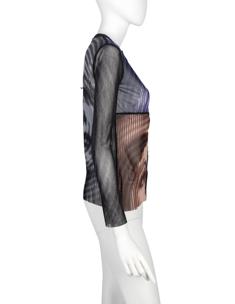Jean Paul Gaultier Vintage AW 2001 Greta Garbo Quad Face Print Sheer Mesh Snap Cardigan Top