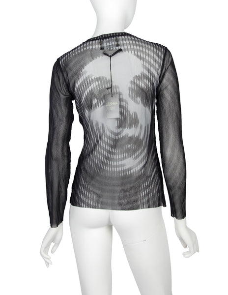 Jean Paul Gaultier Vintage AW 2001 Greta Garbo Quad Face Print Sheer Mesh Snap Cardigan Top