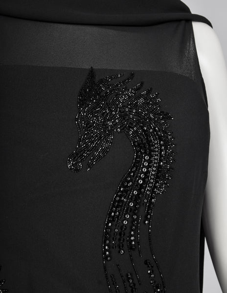 John Richmond Vintage Black Sheer Silk Beaded Dragon Mini Dress with Attached Scarf Cape