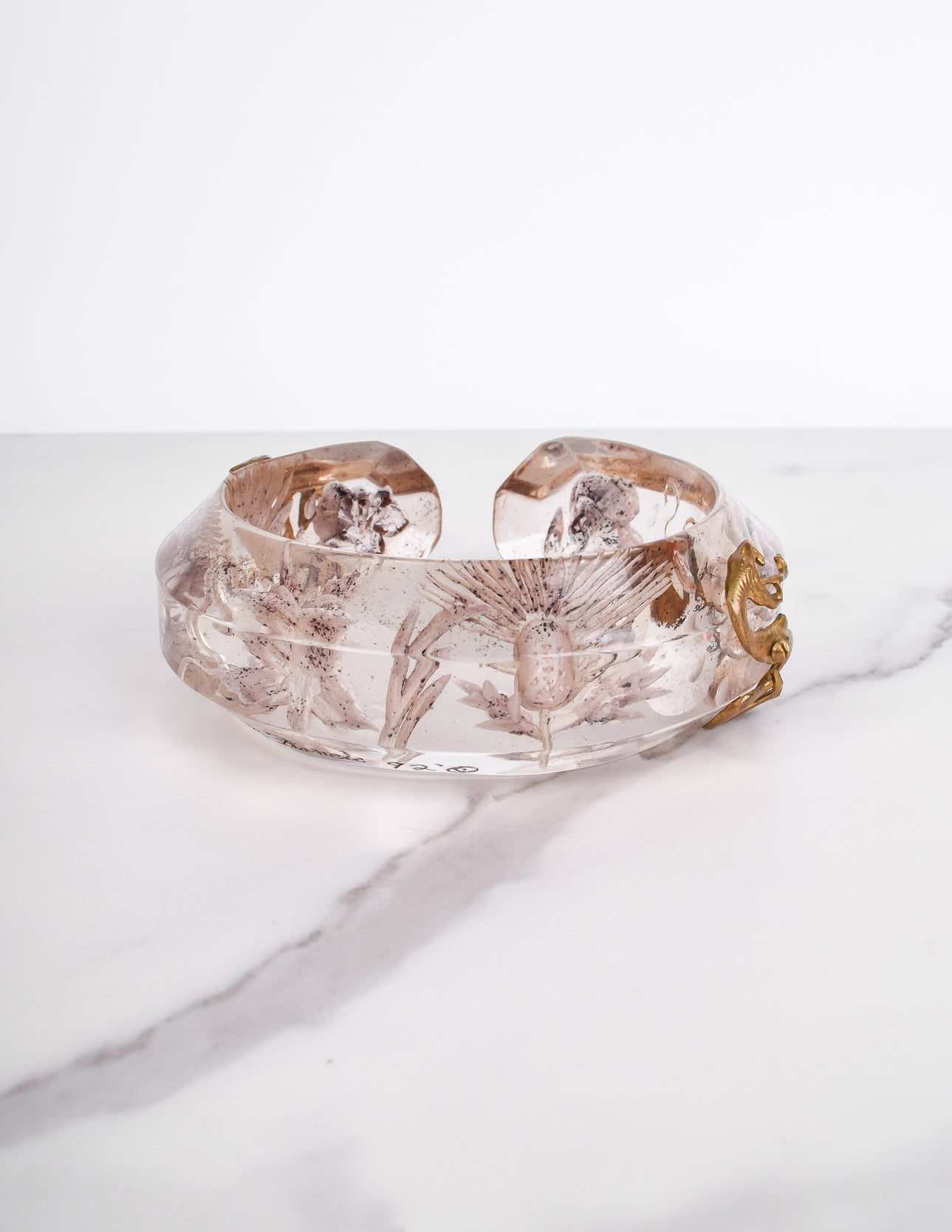 Joyce Francis Vintage 1992 Brass Snake and Dragon Carved Lucite Floral Bracelet
