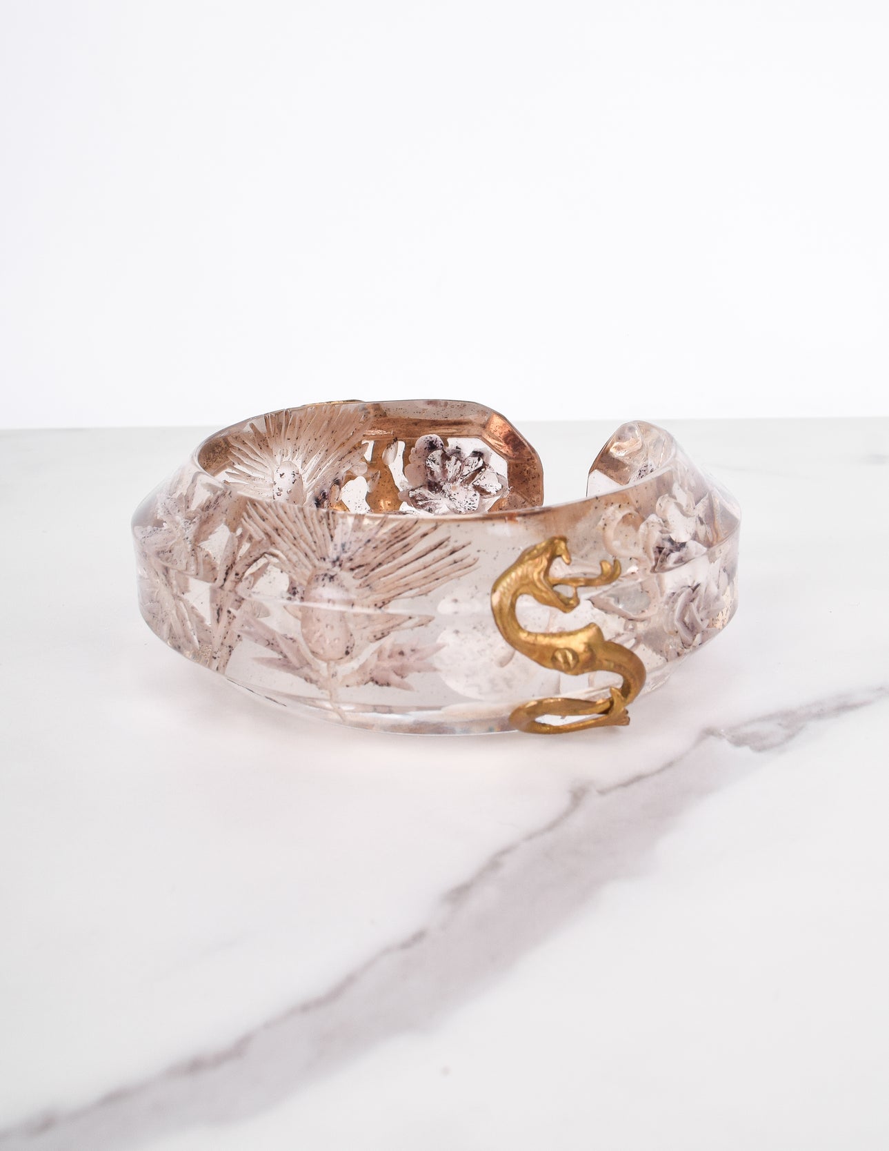 Joyce Francis Vintage 1992 Brass Snake and Dragon Carved Lucite Floral Bracelet