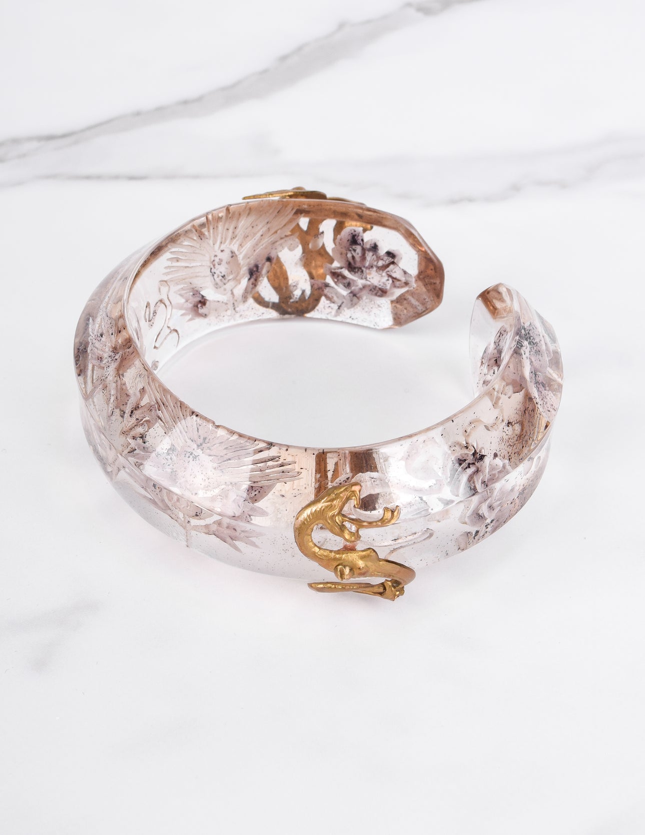 Joyce Francis Vintage 1992 Brass Snake and Dragon Carved Lucite Floral Bracelet