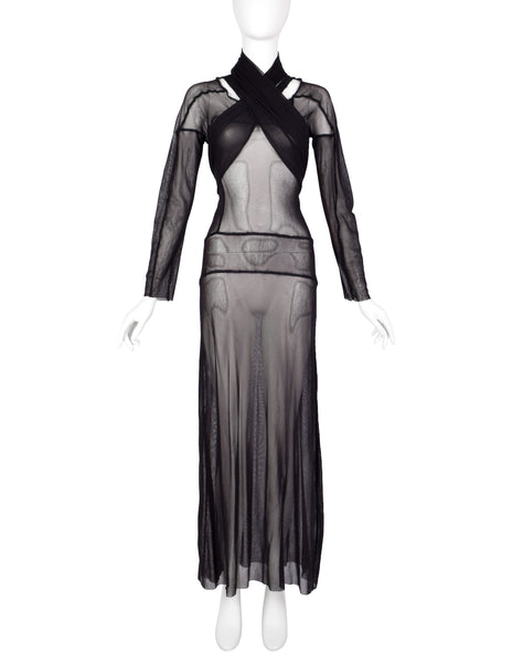 Jean Paul Gaultier Vintage AW 2000 Black Sheer Pieced Panel Mesh Dress with Attached Scarf