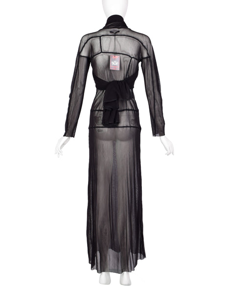 Jean Paul Gaultier Vintage AW 2000 Black Sheer Pieced Panel Mesh Dress with Attached Scarf