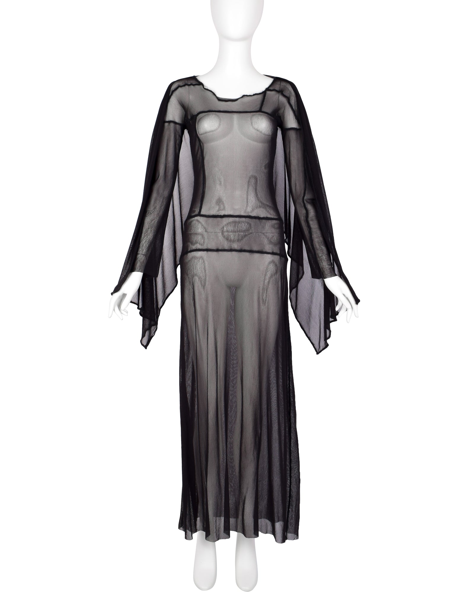 Jean Paul Gaultier Vintage AW 2000 Black Sheer Pieced Panel Mesh Dress with Attached Scarf